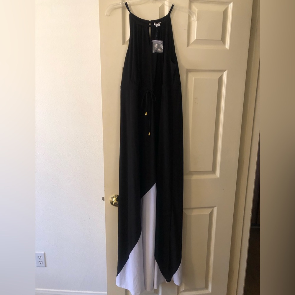 Black and White Halter Maxi Dress with Drawstring Waist